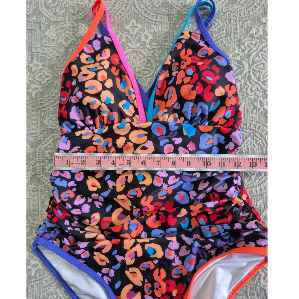 Popvil Womens Multicolor Leopard Print One Piece Swimsuit NWT Size L - Picture 3 of 7